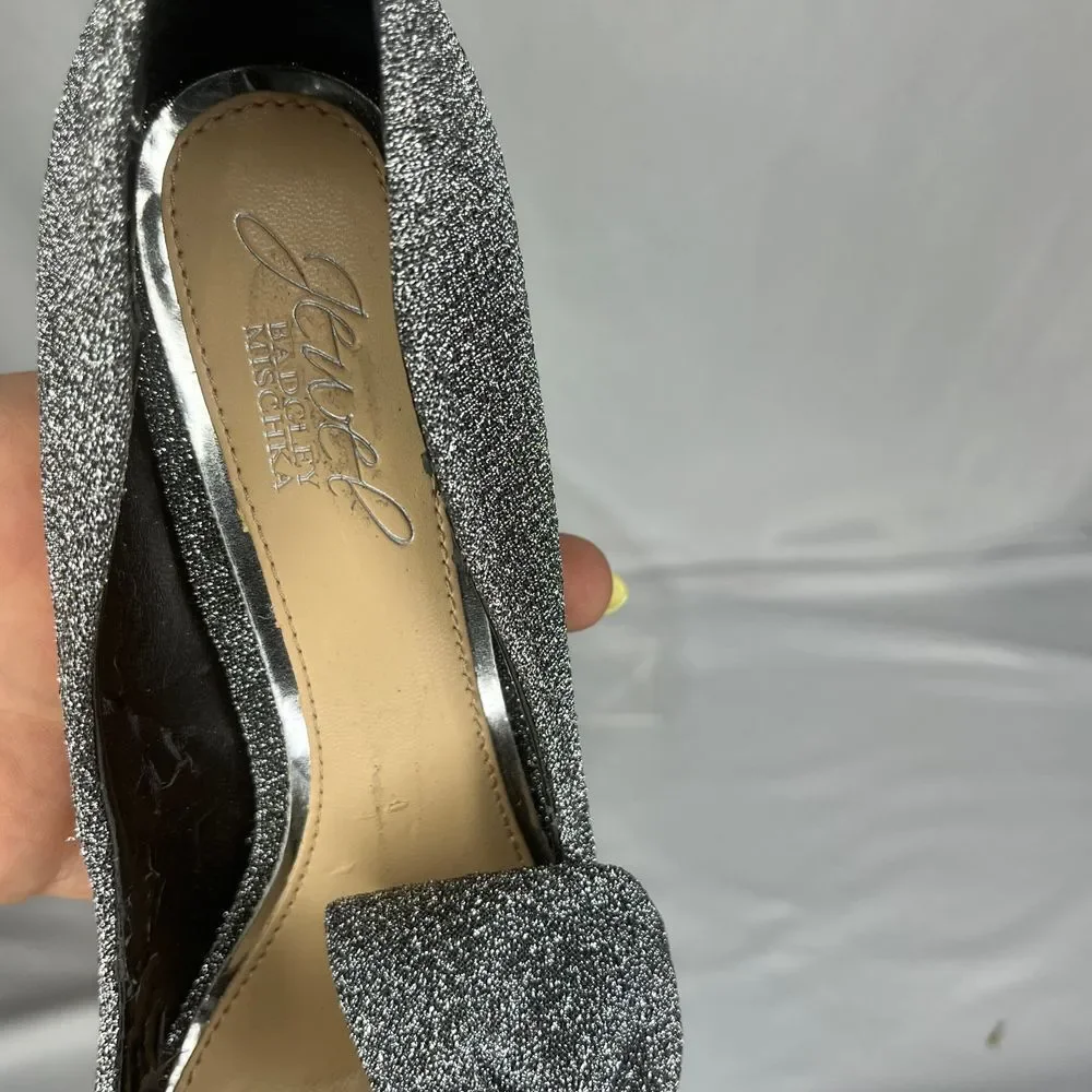 Jewel Badgley Mischka Pumps Womens 5.5‎ Silver Glitter Rhinestone Bow Stiletto